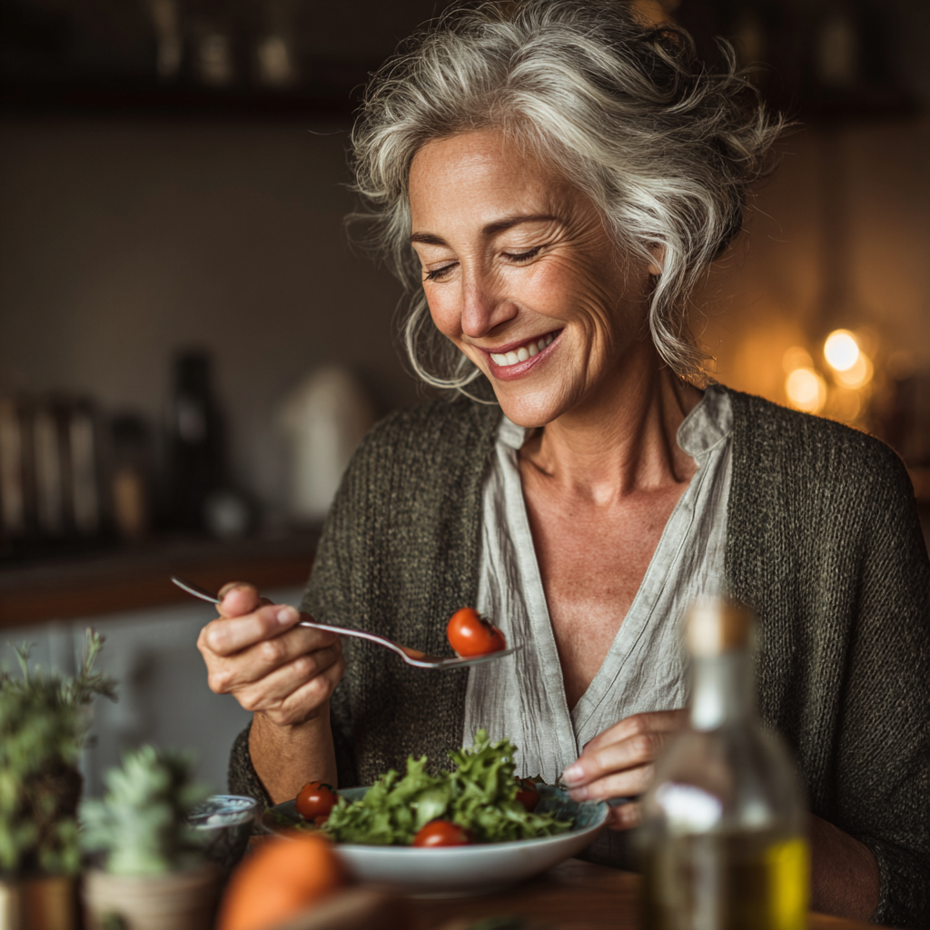 mature woman enjoying healthy meal prepared according to personalized nutrition plan