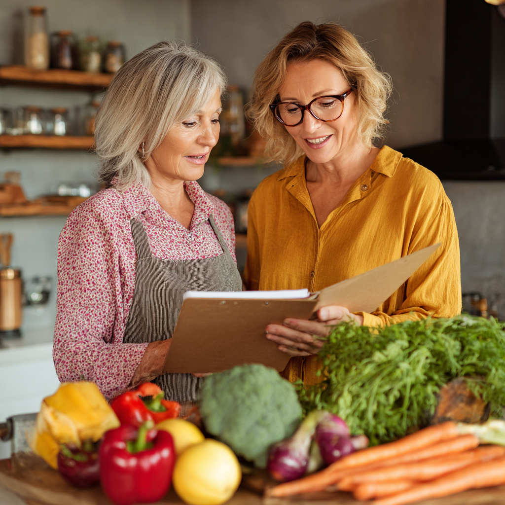 middle-aged woman planning healthy meals with nutritionist guidance