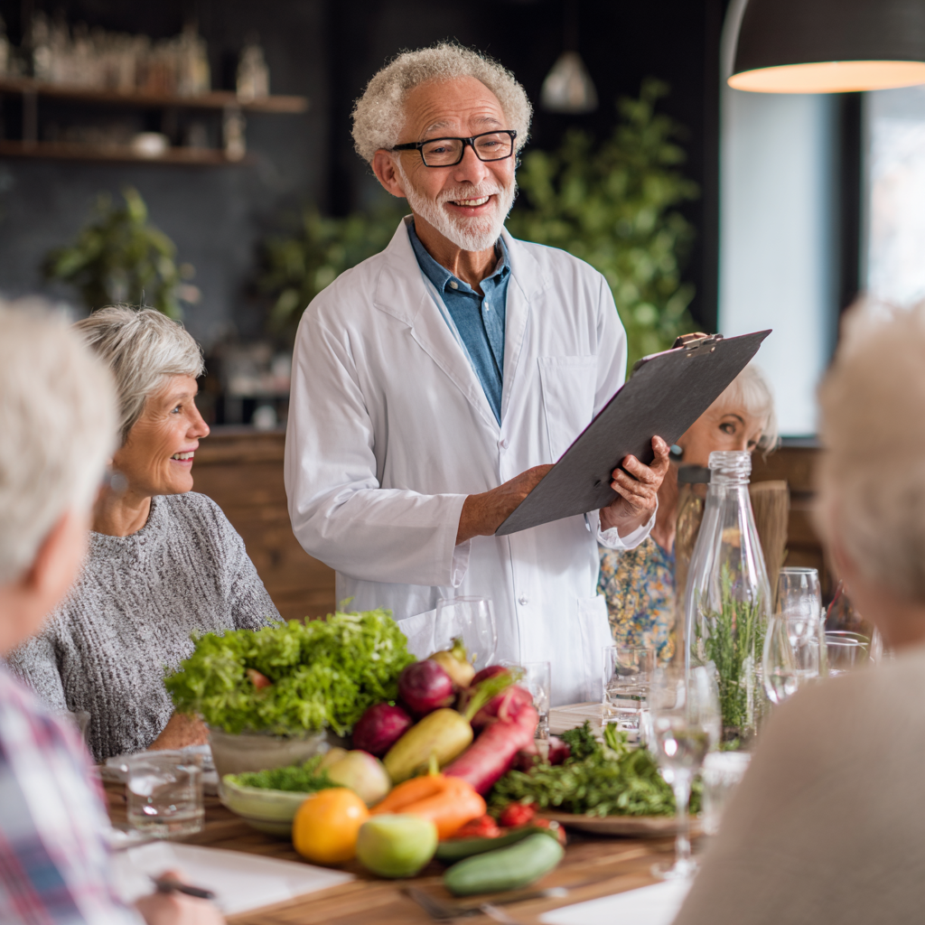 senior adults learning about balanced nutrition planning with professional dietitian